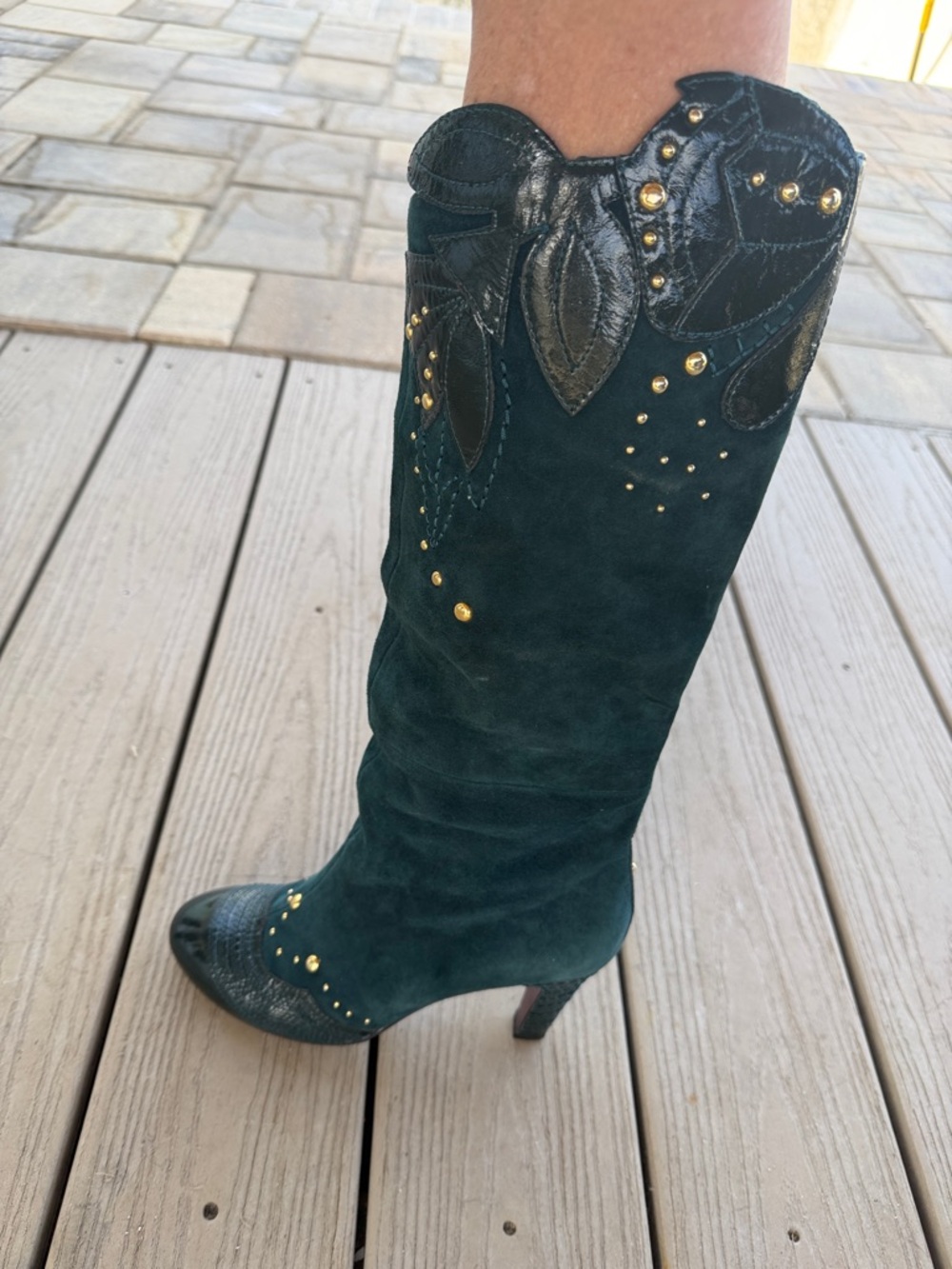 Women’s Emerald Green Suede Embellished Knee Boots